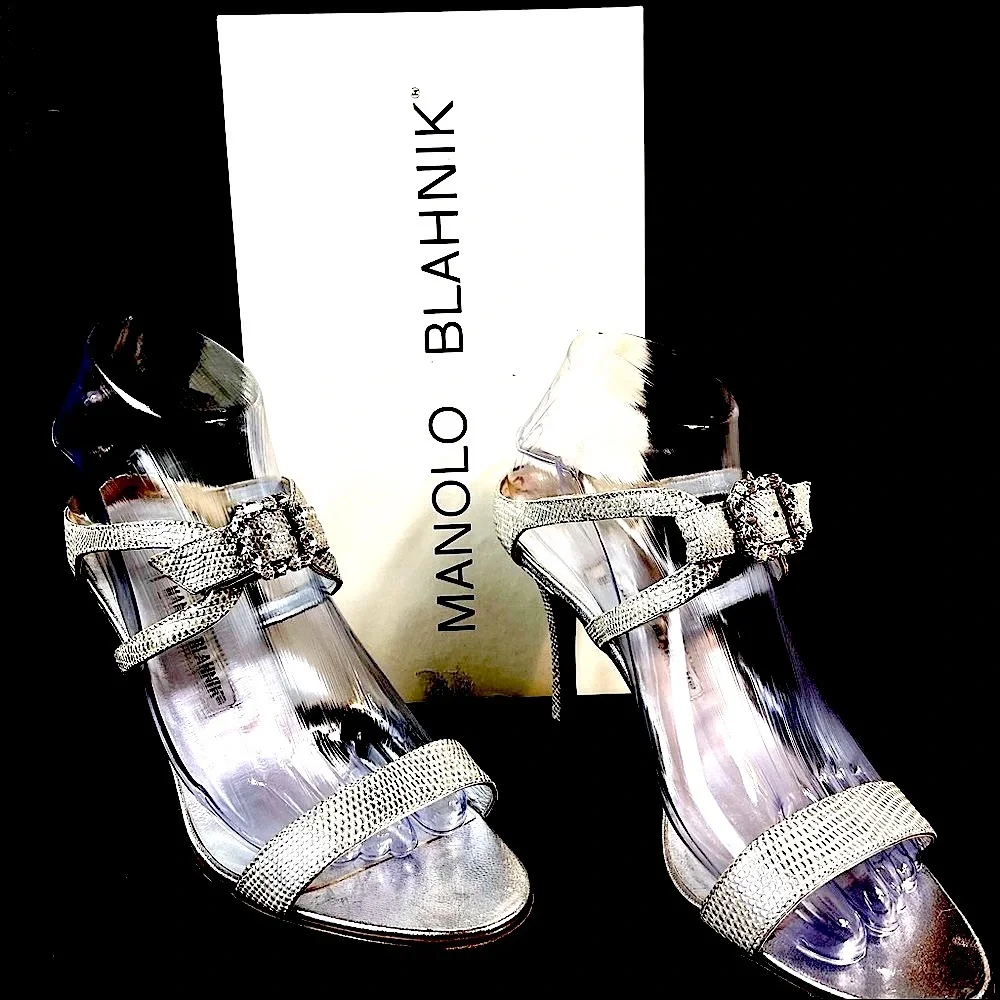 Manolo Blahnik silver sandals crystal buckles 38